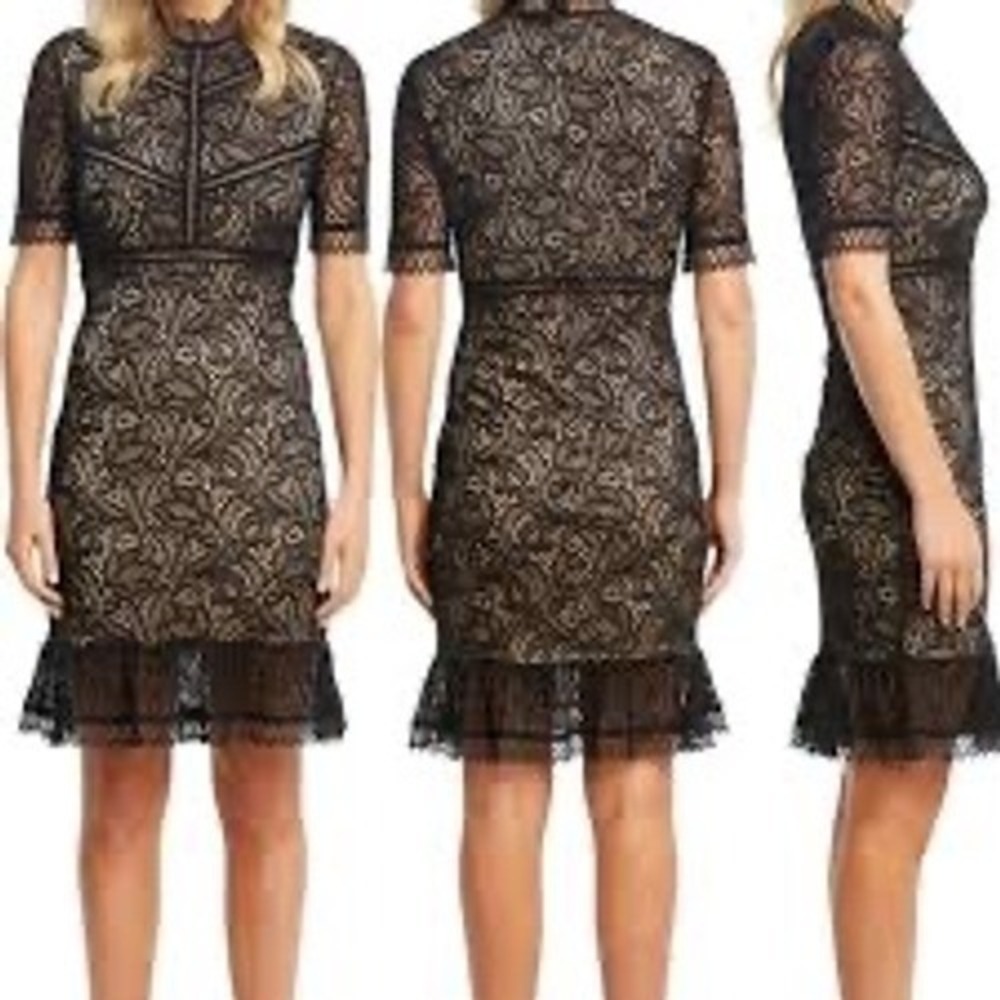 Bardot Theodora Black Lace Mock Neck Sheath Dress Short Sleeve Ruffle Hem US 8 M